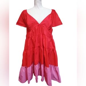 Staud Red and Pink Tiered Dress Capped Sleeves Size XL